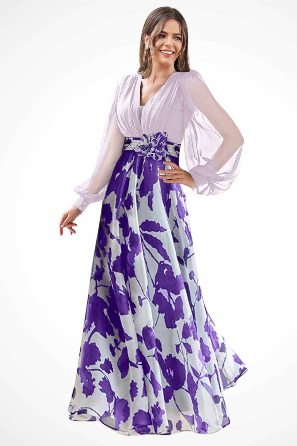Anna-Berg | V Neck Balloon Sleeve Floral Dress