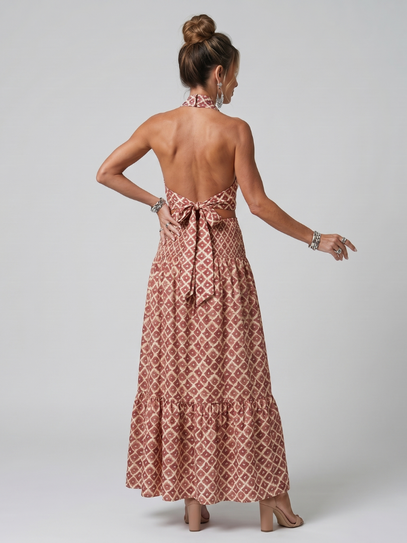 Anna-Berg | Statement Cross Halter Geometric Print Cutout Midi Dress