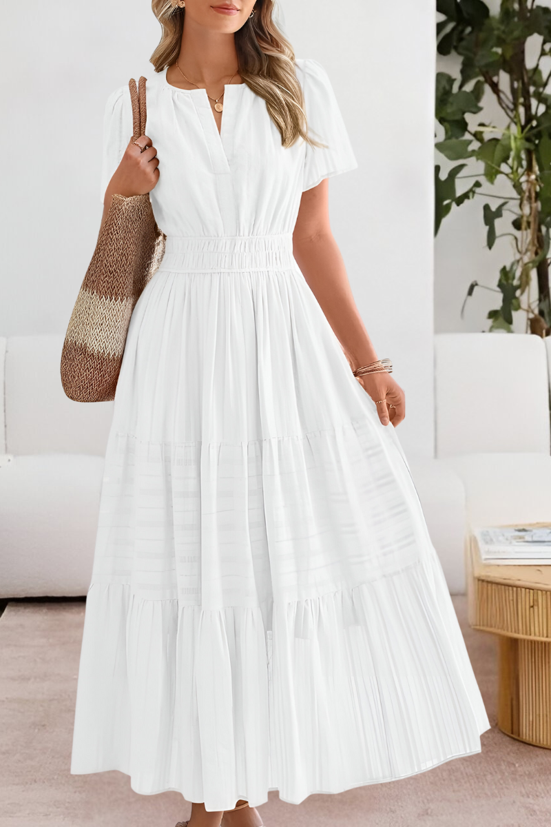 Anna-Berg | Boho Short Sleeve Smocked Midi Dress with Graceful Drape