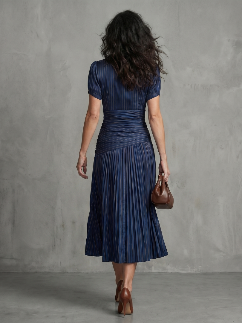 Anna-Berg | Flowing Pleated Waistline Stripe Midi Dress