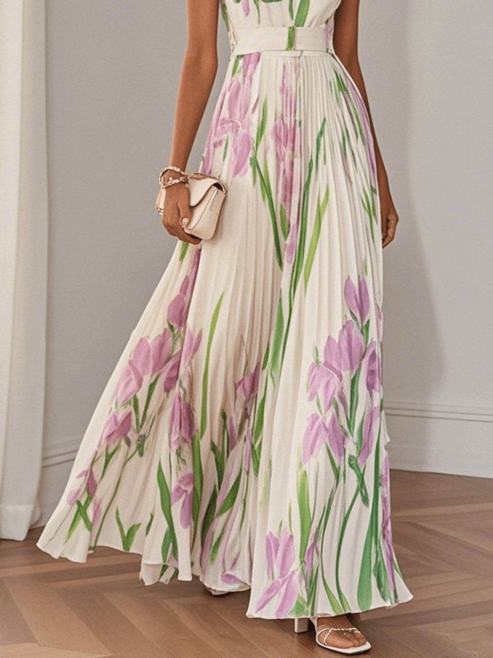 Anna-Berg | Sophisticated Pleated Floral Chiffon Maxi Dress