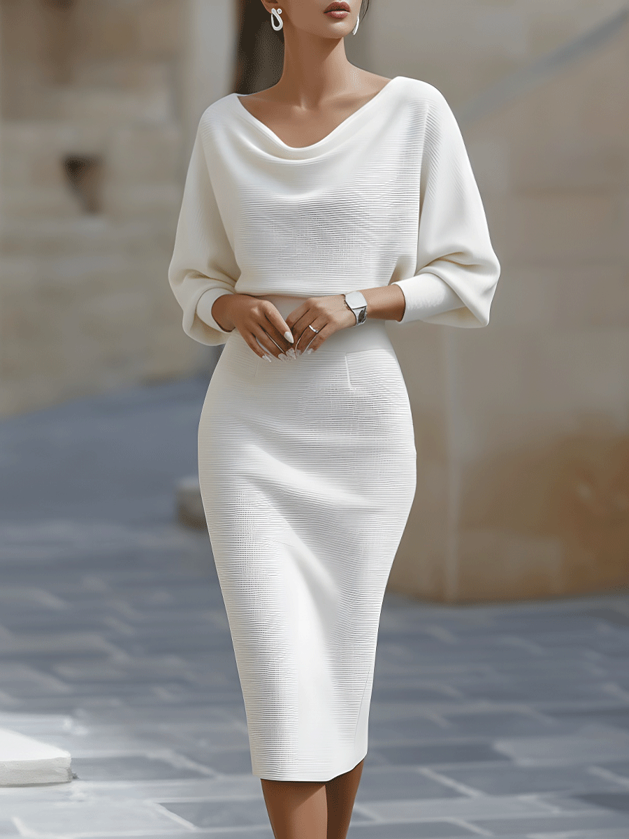 Anna-Berg | White Draped Batwing Midi Dress