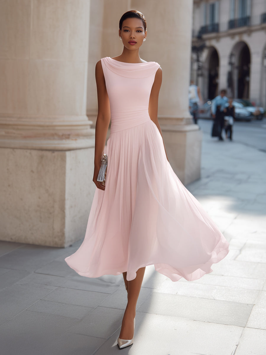 Anna-Berg | Draped Neck Sleeveless Pleated Dress