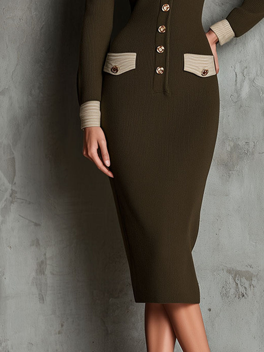 Anna-Berg | Vintage Olive Button Front Contrast-Trim Dress
