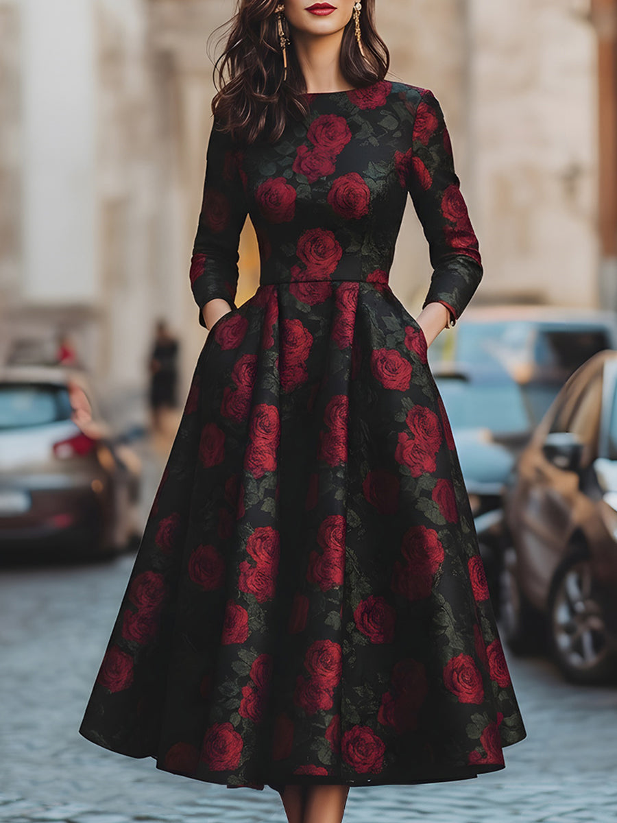 Anna-Berg | Elegant Jacquard Rose Print Midi Dress