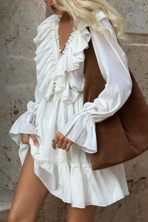 Anna-Berg | Solid Color V-Neck Ruffled Ruched Dress