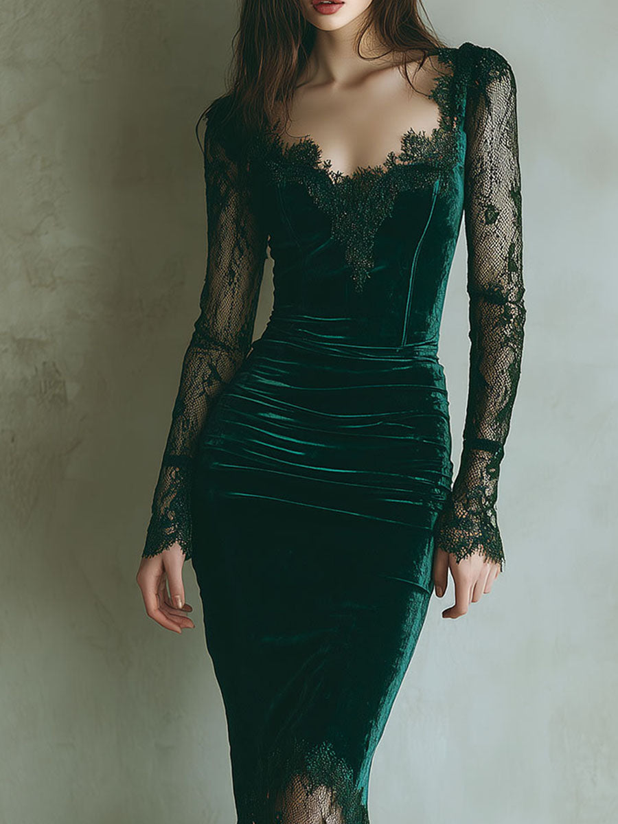 Anna-Berg | Elegant Green Velvet Long Sleeve Dress