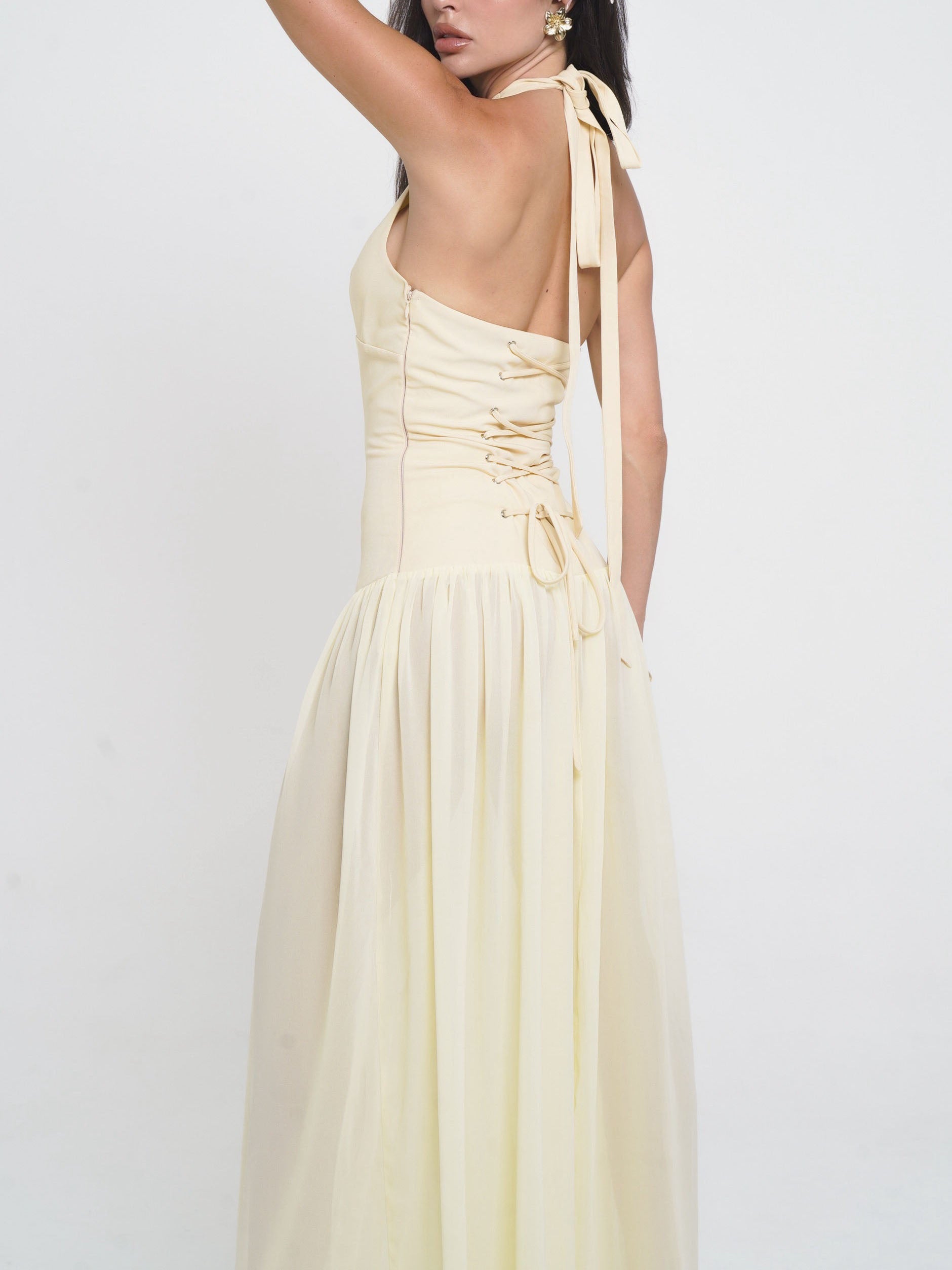 Anna-Berg | Fashion Halterneck Lace-Up Deep V-Neck Dress