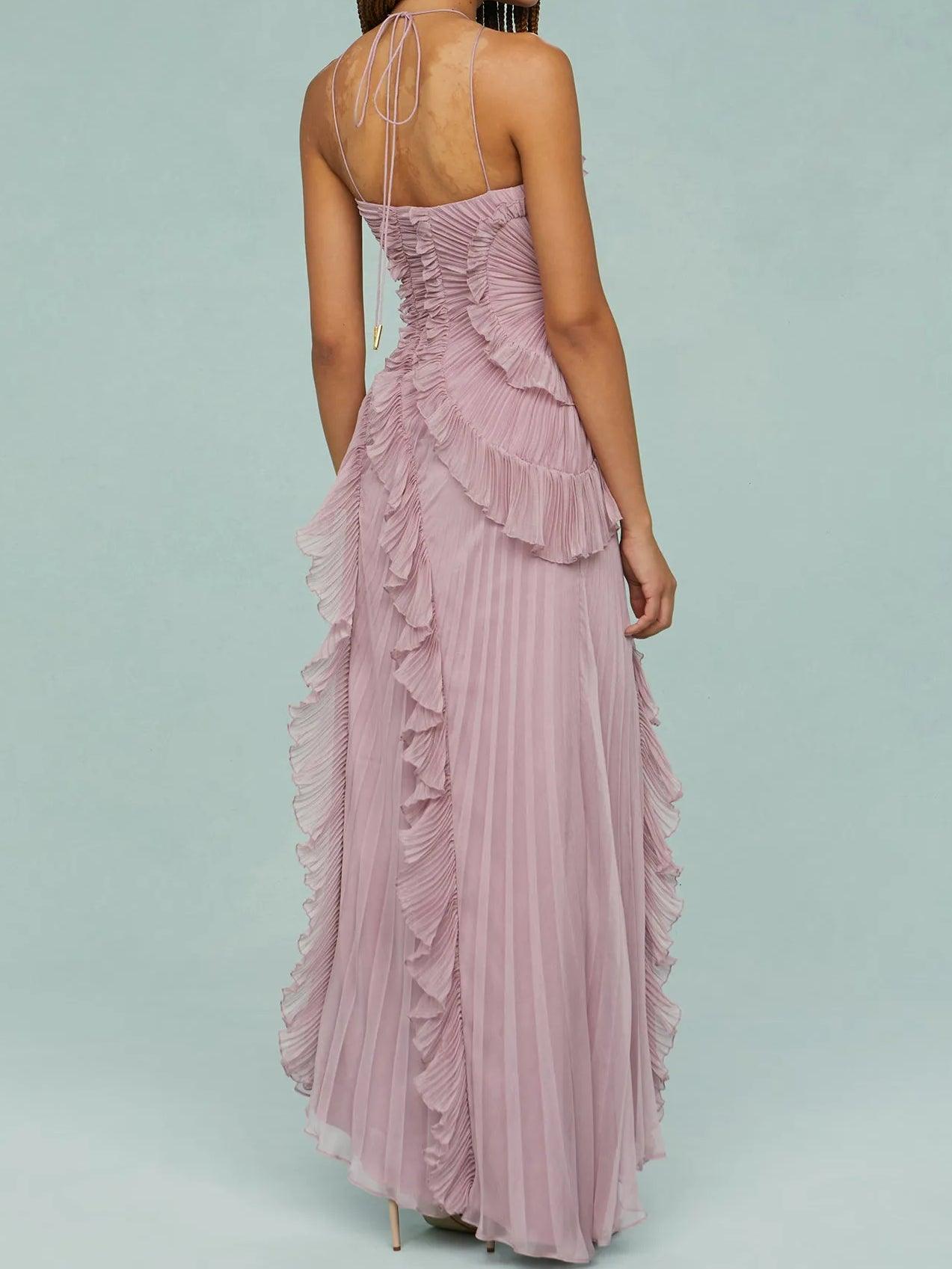 Anna-Berg | Feminine Pleated Suspender Long Dress With Slits