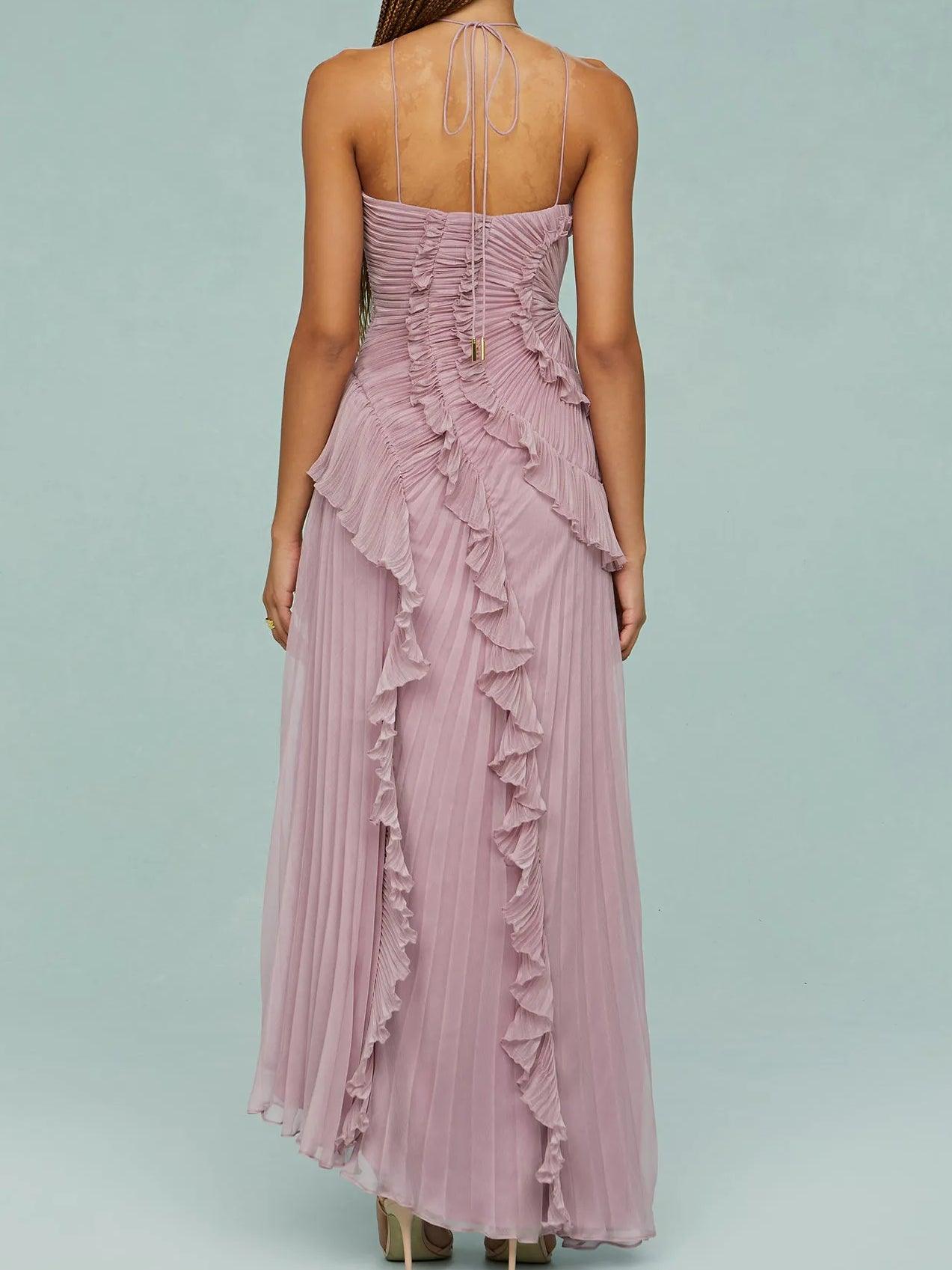 Anna-Berg | Feminine Pleated Suspender Long Dress With Slits