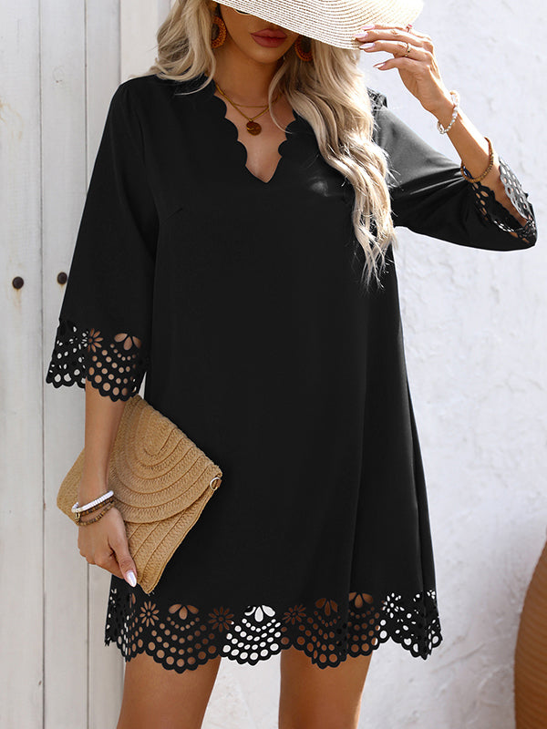 Anna-Berg | A-Line Loose Hollow Solid Color Dress