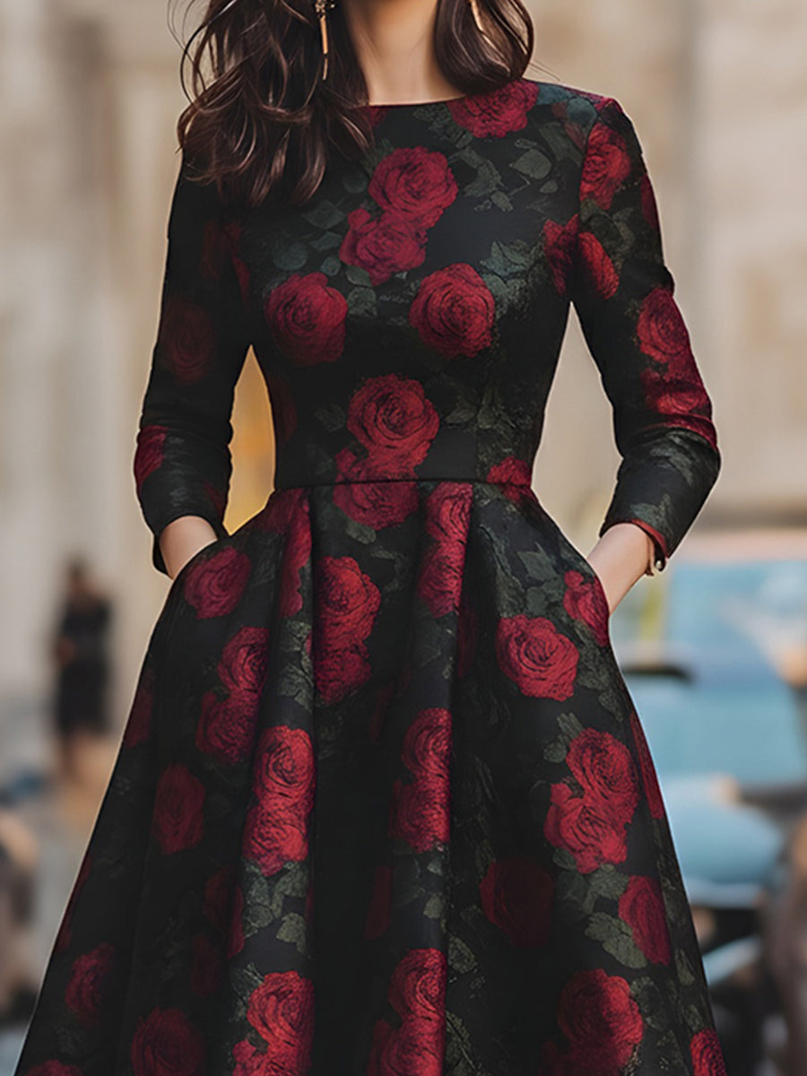Anna-Berg | Elegant Jacquard Rose Print Midi Dress