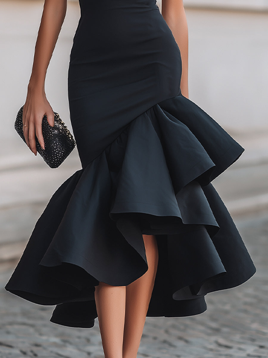 Anna-Berg | Asymmetric Ruffle Hem High Neck Dress