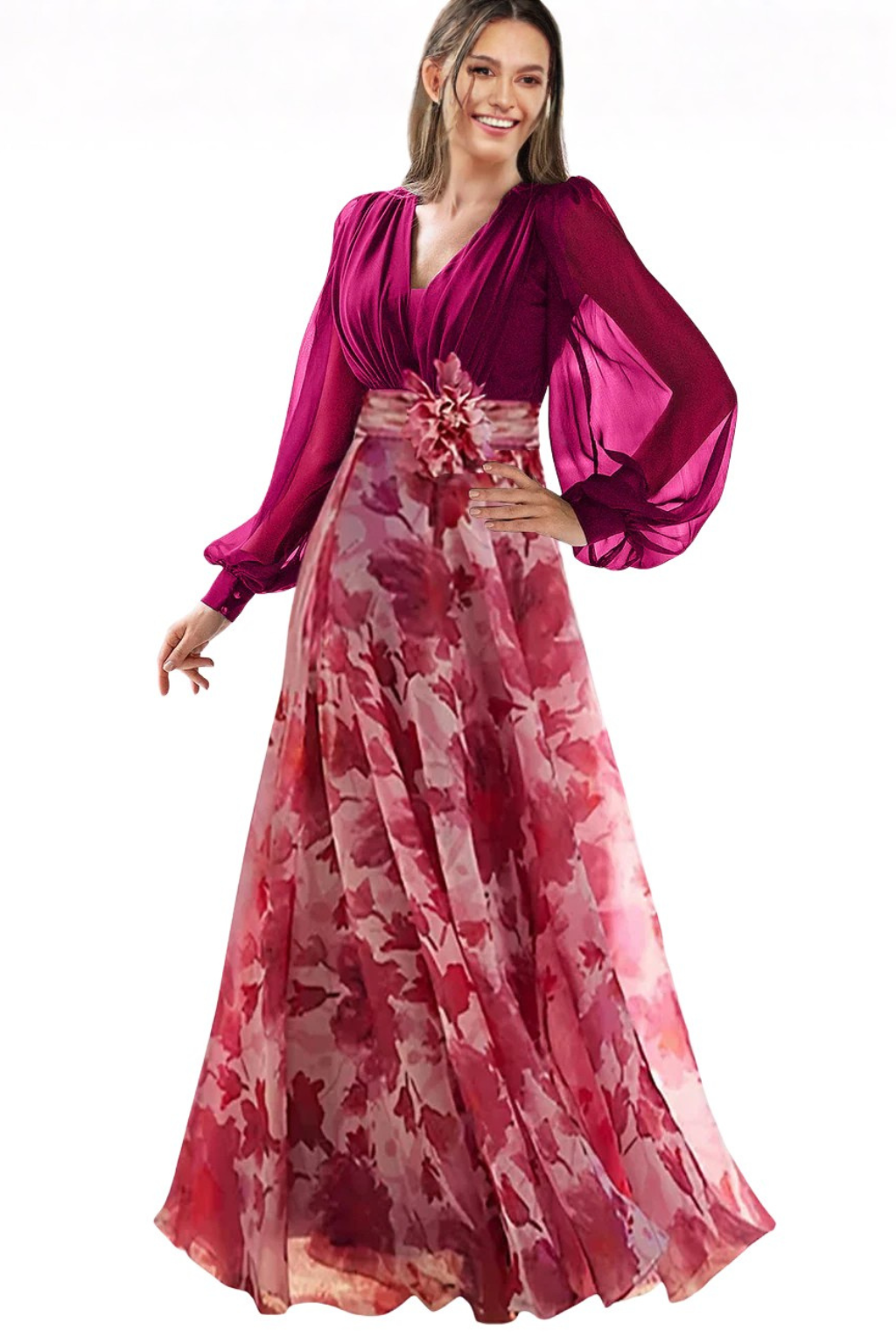 Anna-Berg | V Neck Balloon Sleeve Floral Dress