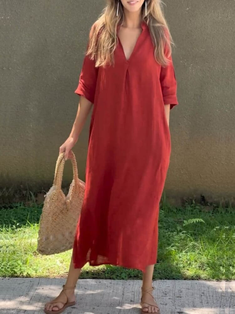 Anna-Berg | Timeless Midi Dress With V-Neck In Loose Fit