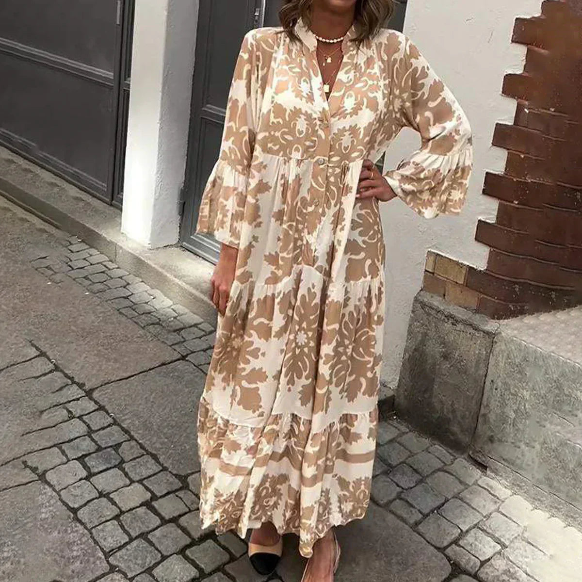 Anna-Berg | Boho Printed Long Sleeve Midi Dress with Graceful Drape