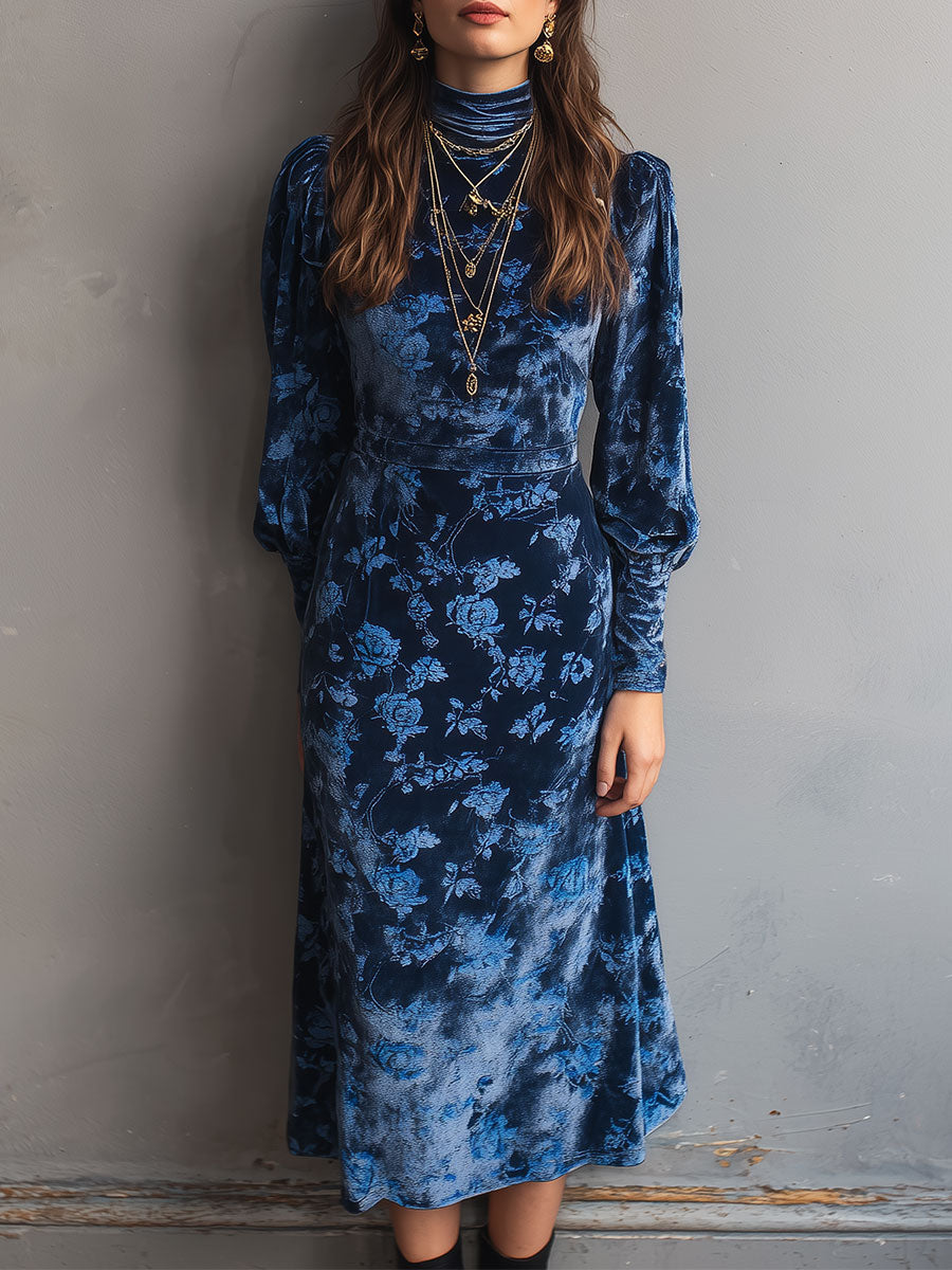 Anna-Berg | Retro Turtleneck Rose Print Velvet Dress