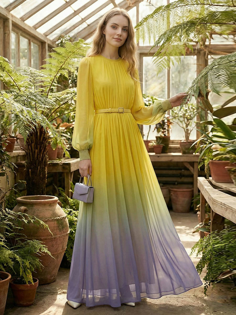 Anna-Berg | High Waisted Long Sleeves Belted Dress