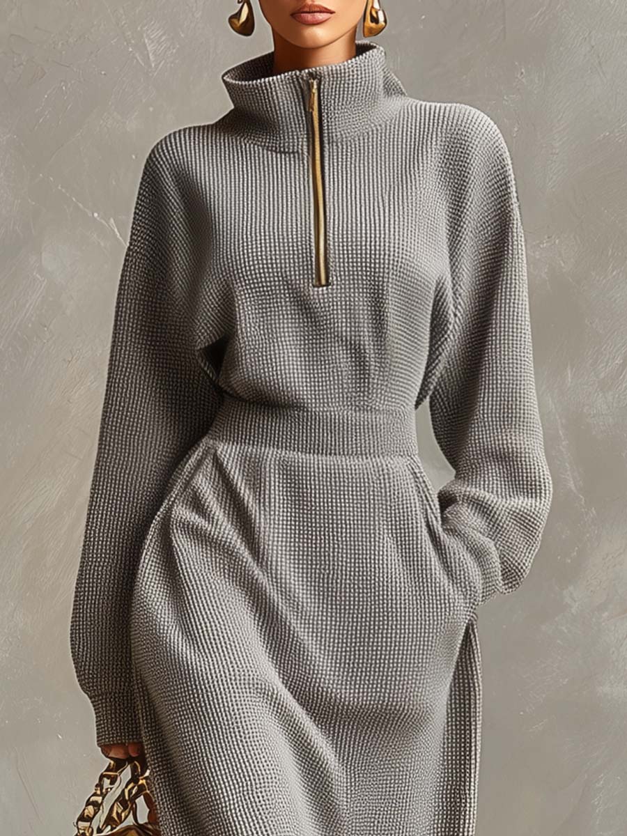 Anna-Berg | Grey Waffle Long Sleeve Casual Dress