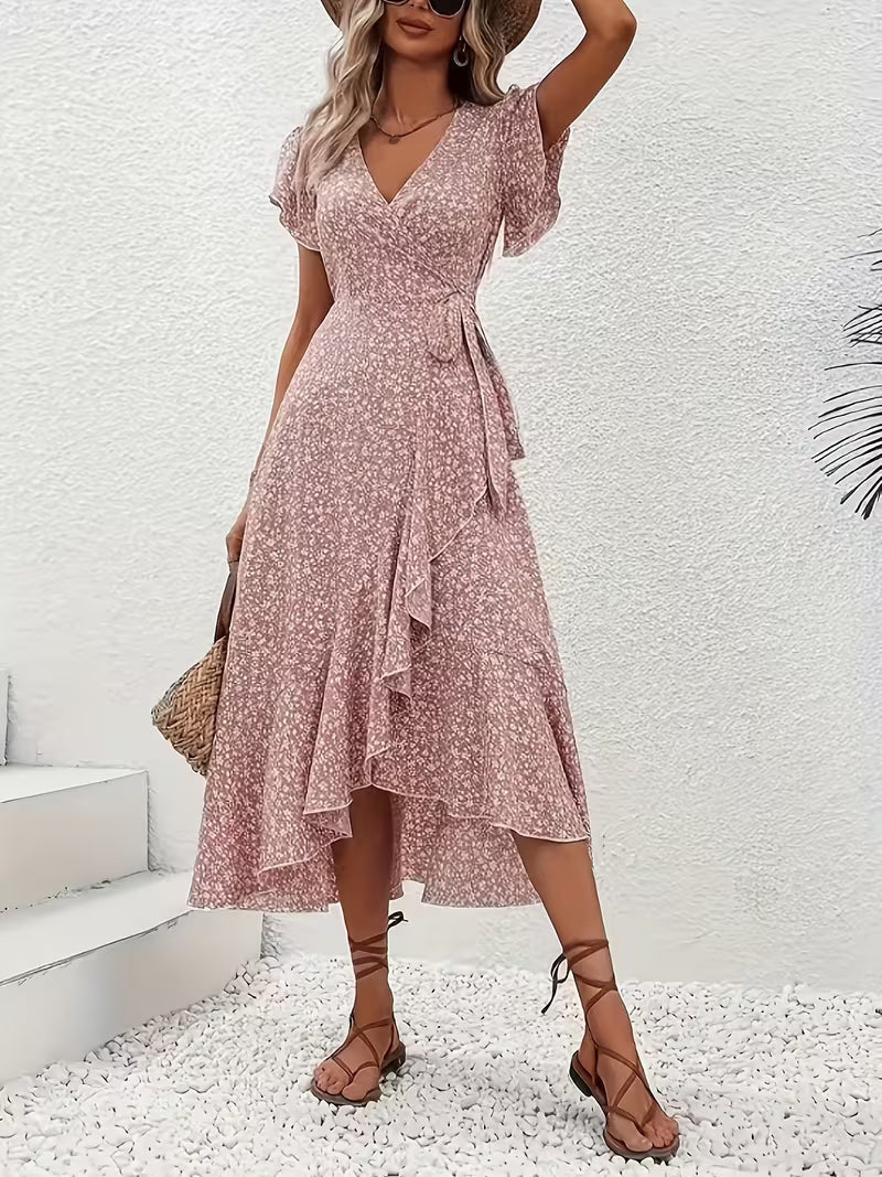 Anna-Berg | Timeless Floral Wrap Midi Dress With Ruffle Sleeves And Asymmetric Hem