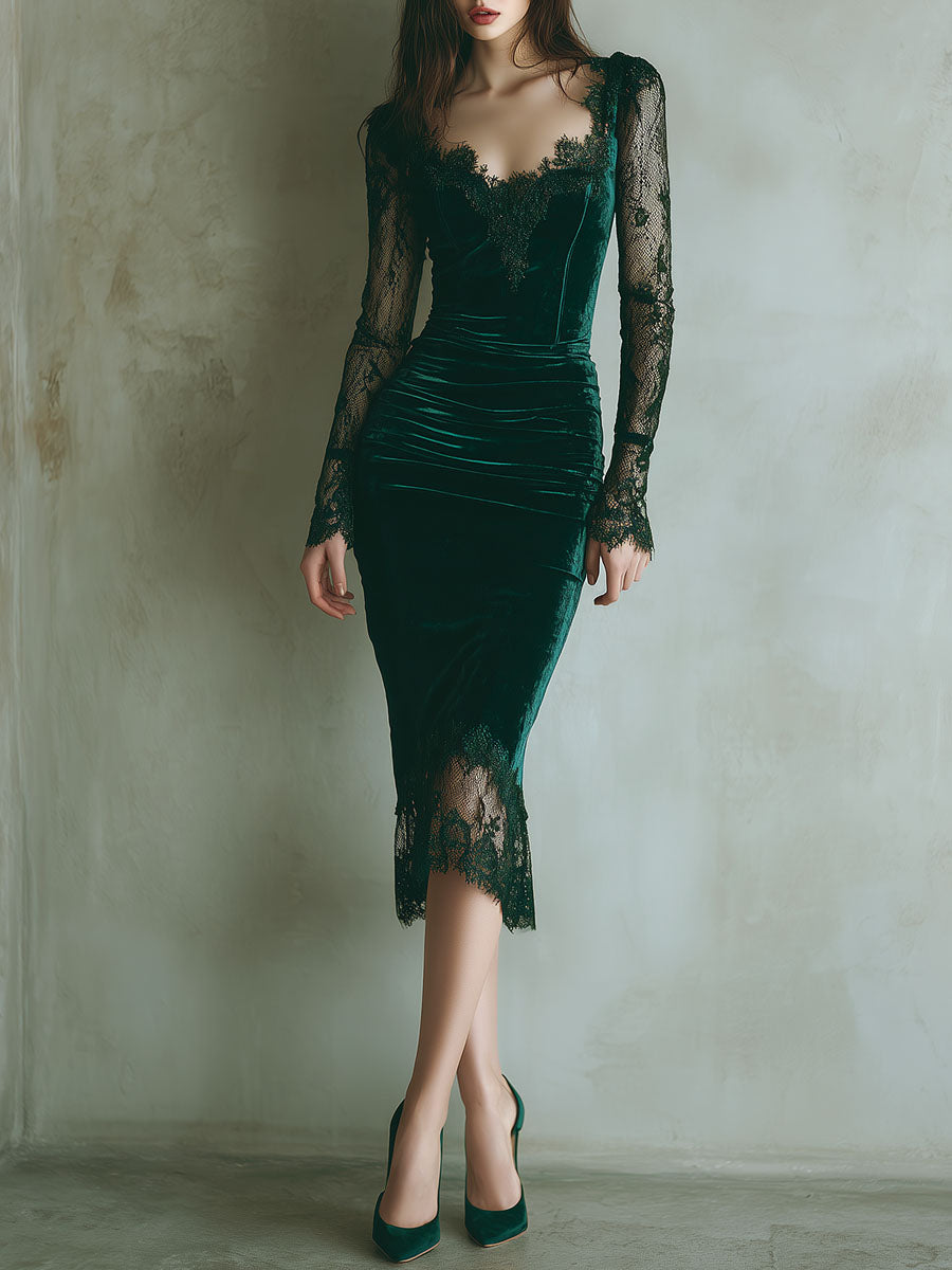 Anna-Berg | Elegant Green Velvet Long Sleeve Dress