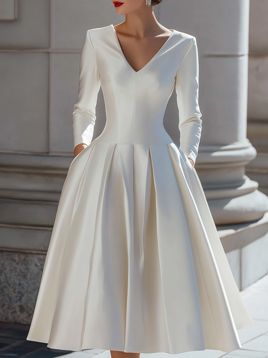 Anna-Berg | Elegant Satin V-Neck Pleated A-Line Midi Dress