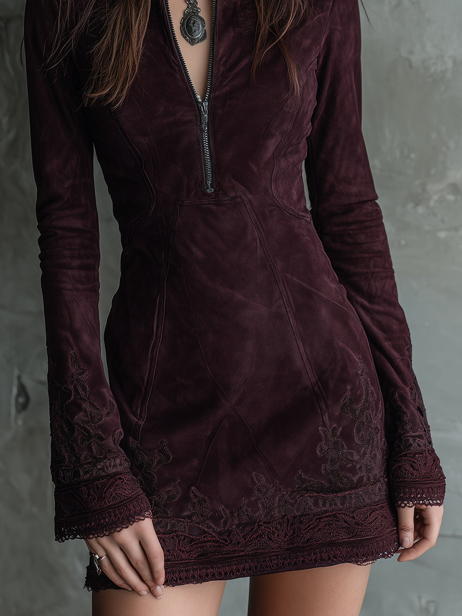 Anna-Berg | Vintage Suede Embroidered Lace Trim Dress