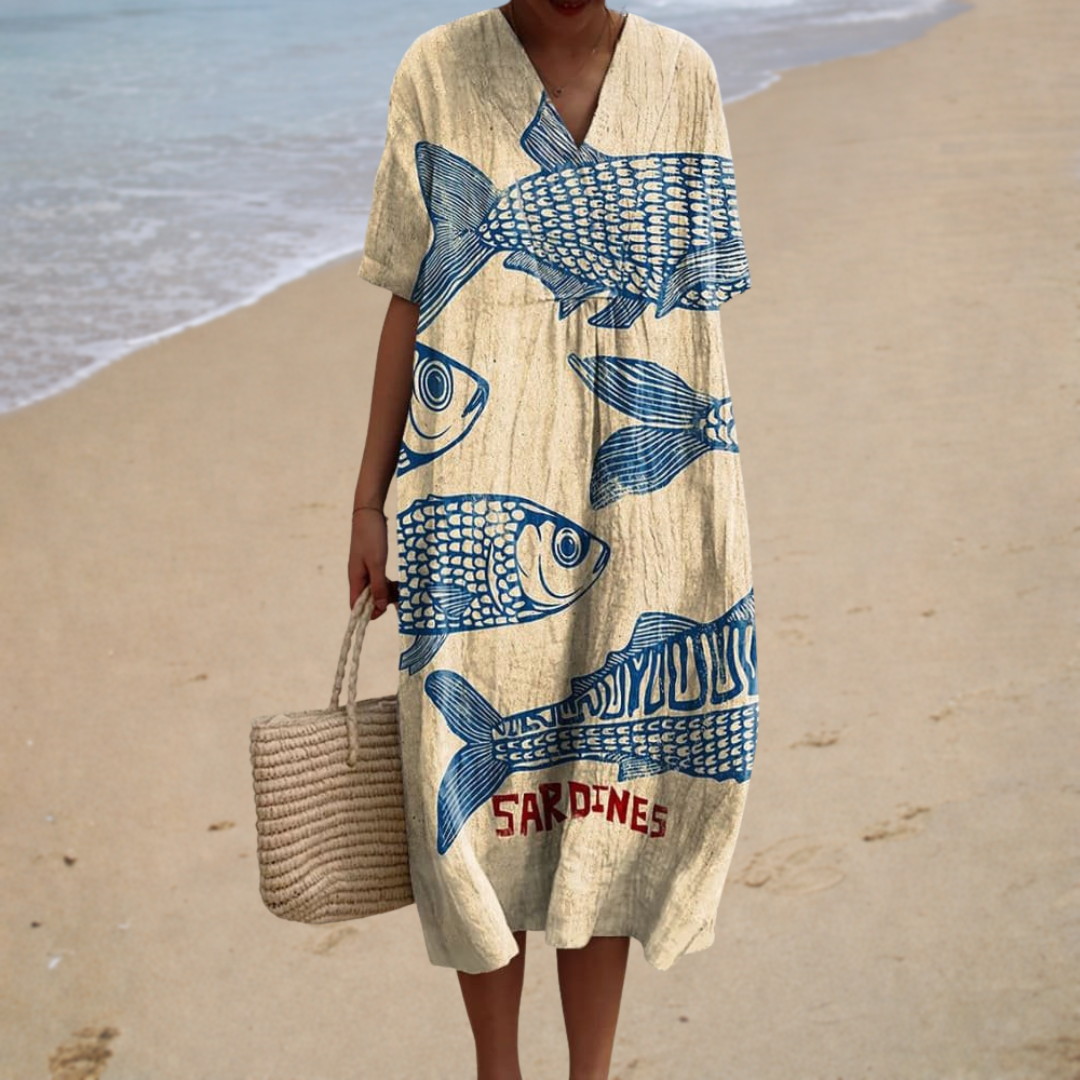 Anna-Berg | Flowing Long Dress With Sardine Pattern
