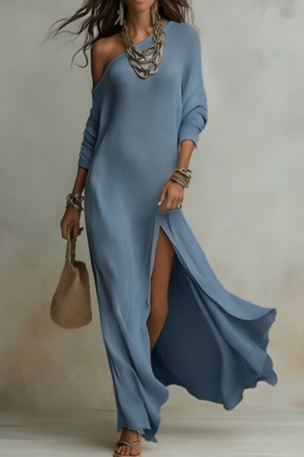 Anna-Berg | Solid Color Slant Collar Long Dress