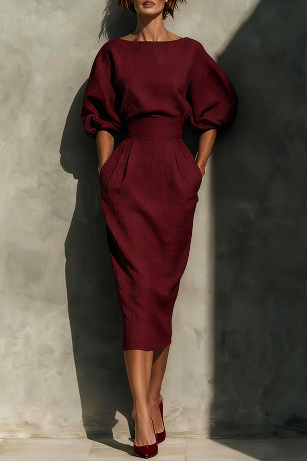 Anna-Berg | Elegant Puff Sleeve High-Waisted Pocket Dress