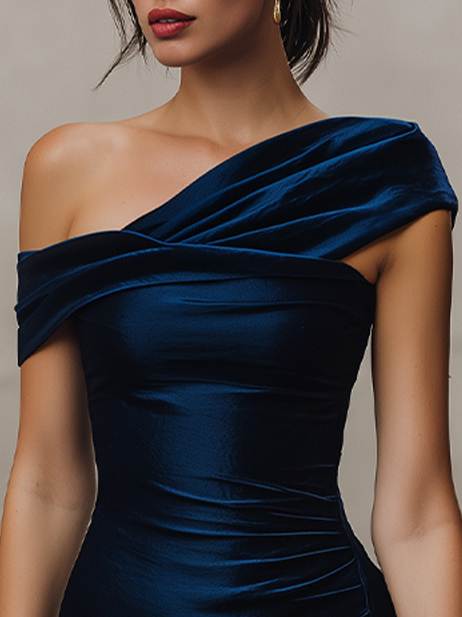 Anna-Berg | Midnight Asymmetrical Ruched Midi Dress