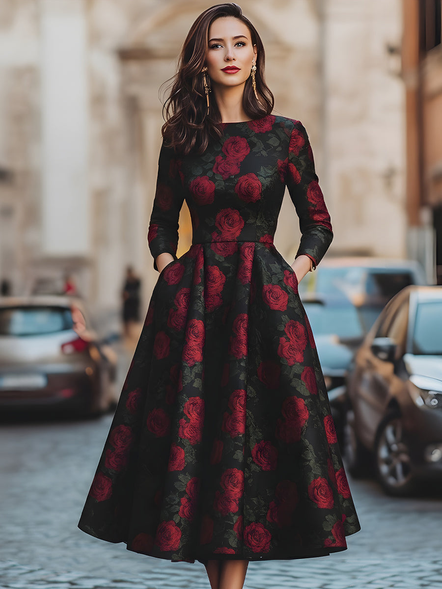 Anna-Berg | Elegant Jacquard Rose Print Midi Dress