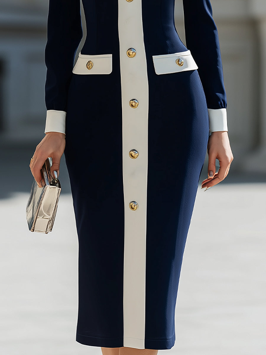 Anna-Berg | Elegant Navy & White Contrast Button-Up Midi Dress