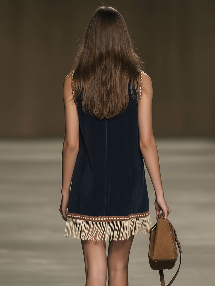 Anna-Berg | Red Faux Suede Tassel Western Dress