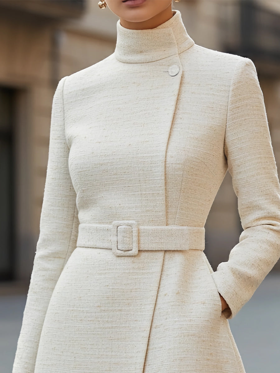 Anna-Berg | Elegant Belted High-Neck Wool Blend Dress