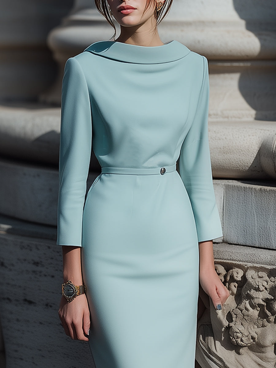 Anna-Berg | Draped Collar Pencil In Powder Dress