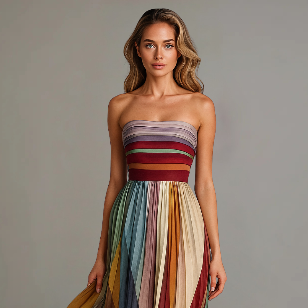 Anna-Berg | Timeless Strapless Colorful Pleated Summer Maxi Dress Strapless