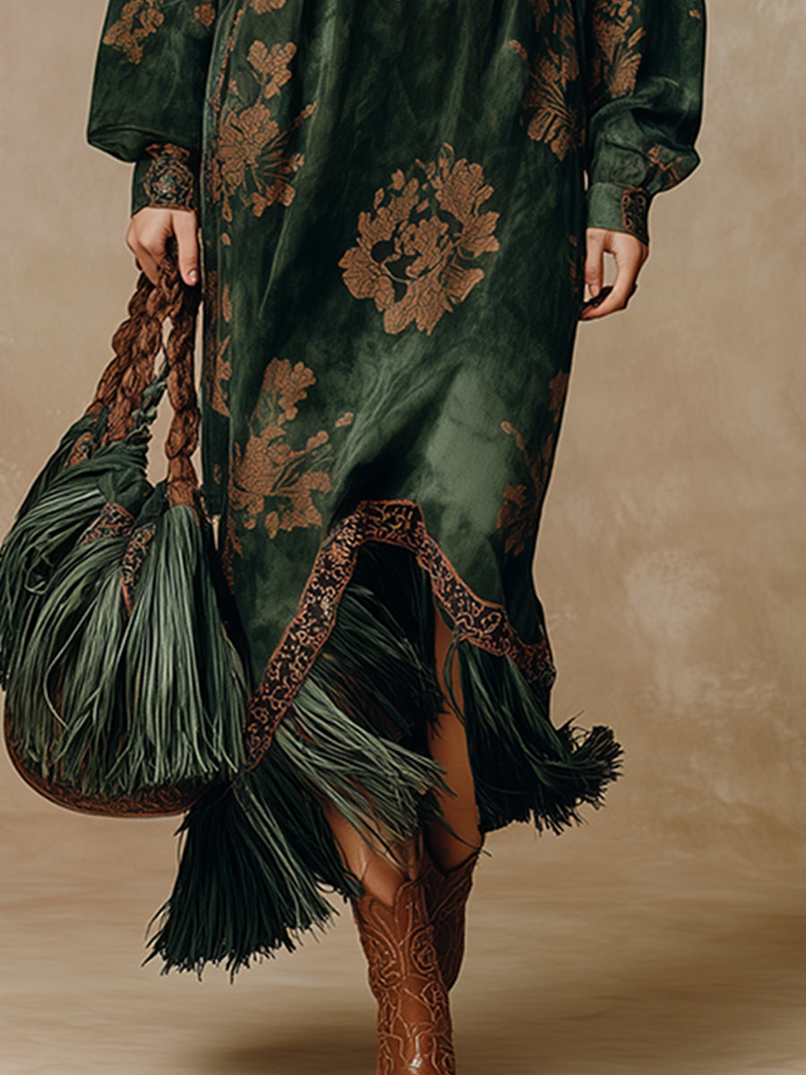 Anna-Berg | Green Faux Suede Tassel Dress