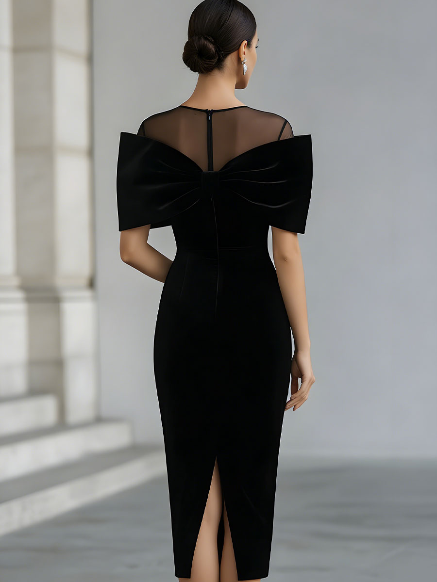 Anna-Berg | Dramatic Black Velvet Bow Midi Dress