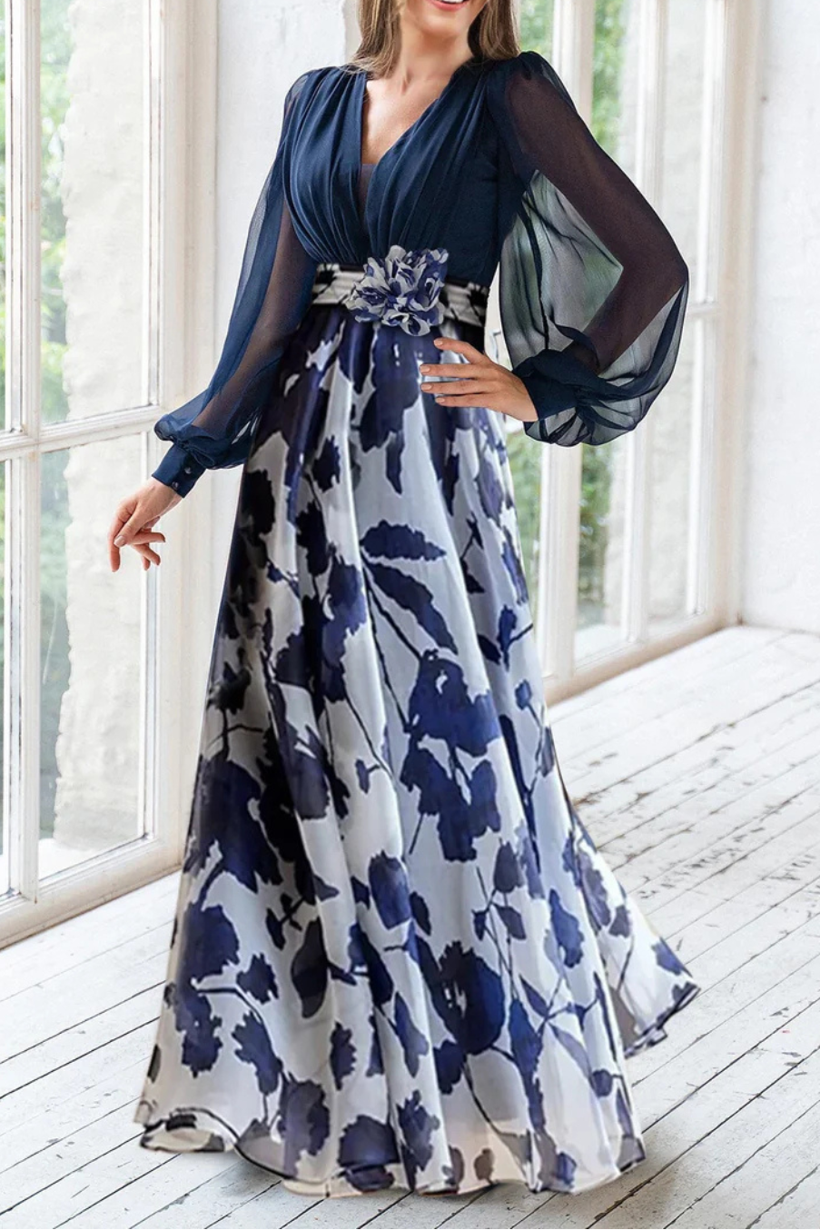 Anna-Berg | V Neck Balloon Sleeve Floral Dress