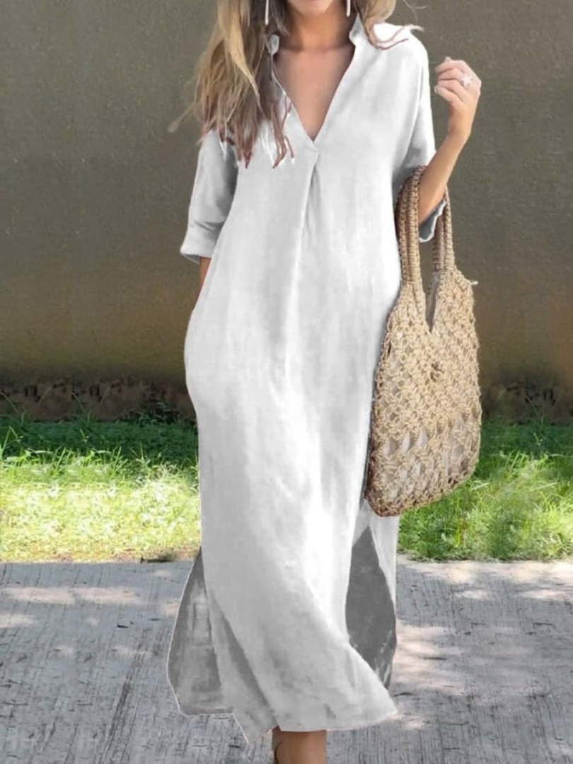 Anna-Berg | Timeless Midi Dress With V-Neck In Loose Fit