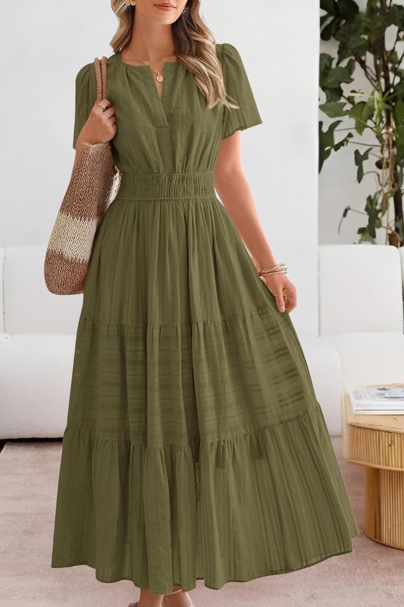 Anna-Berg | Boho Short Sleeve Smocked Midi Dress with Graceful Drape