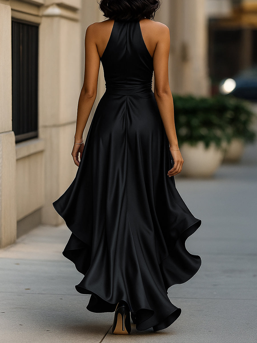 Anna-Berg | Midnight Elegance Satin Halter Ruffle Gown