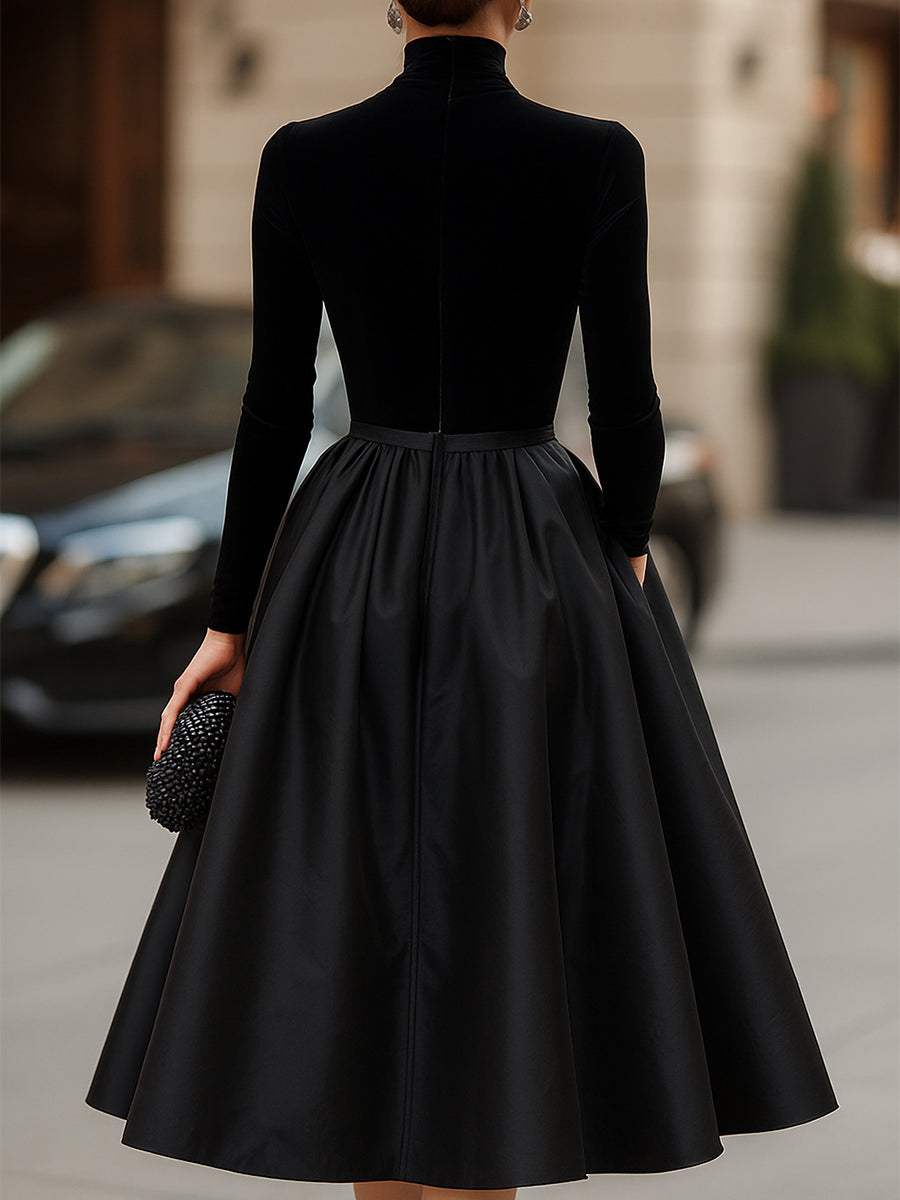 Anna-Berg | Elegant Black Velvet And Satin Midi Dress