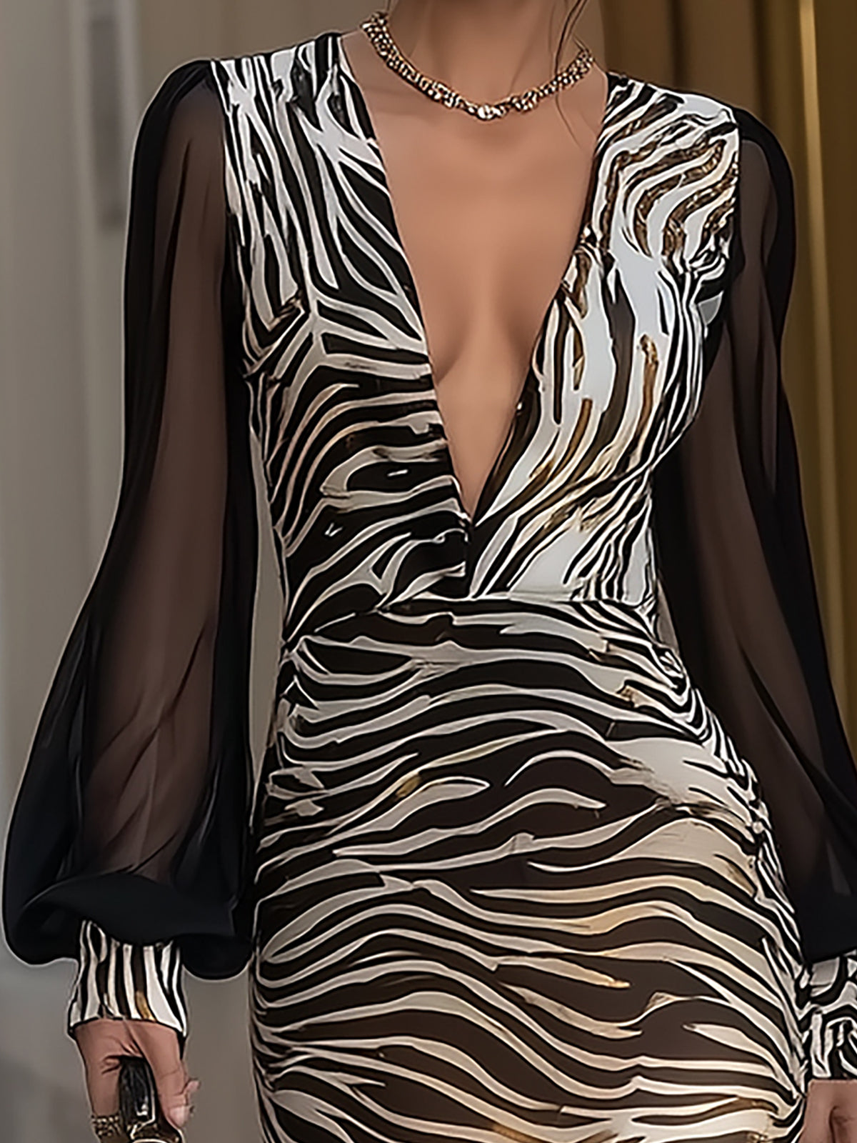 Anna-Berg | Black Sheer Sleeve Zebra Print Dress