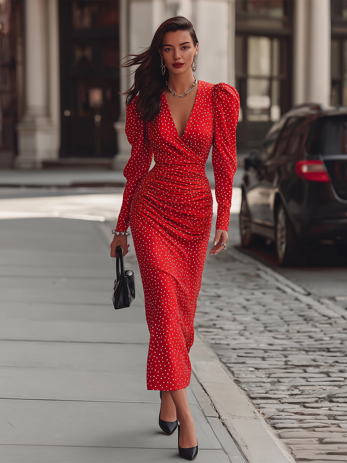 Anna-Berg | Elegant Red Polka Dot Satin Dress
