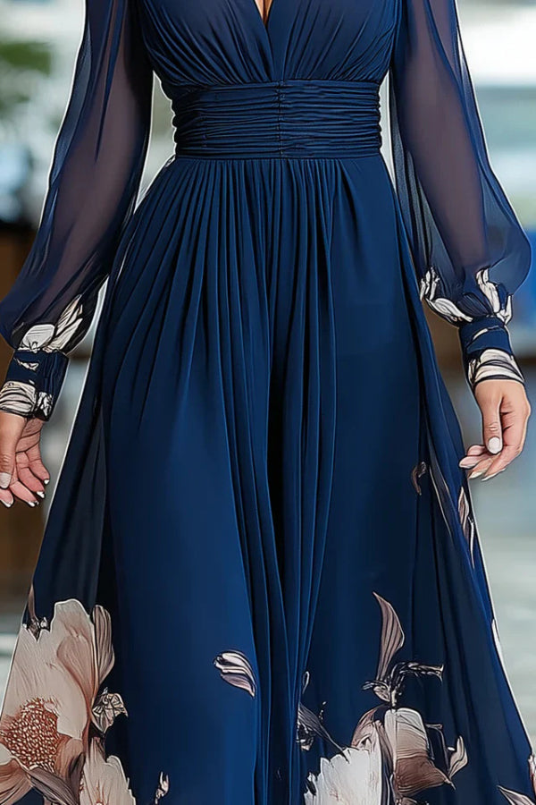 Anna-Berg | Floral Print Patchwork Mesh Long-Sleeved Dress