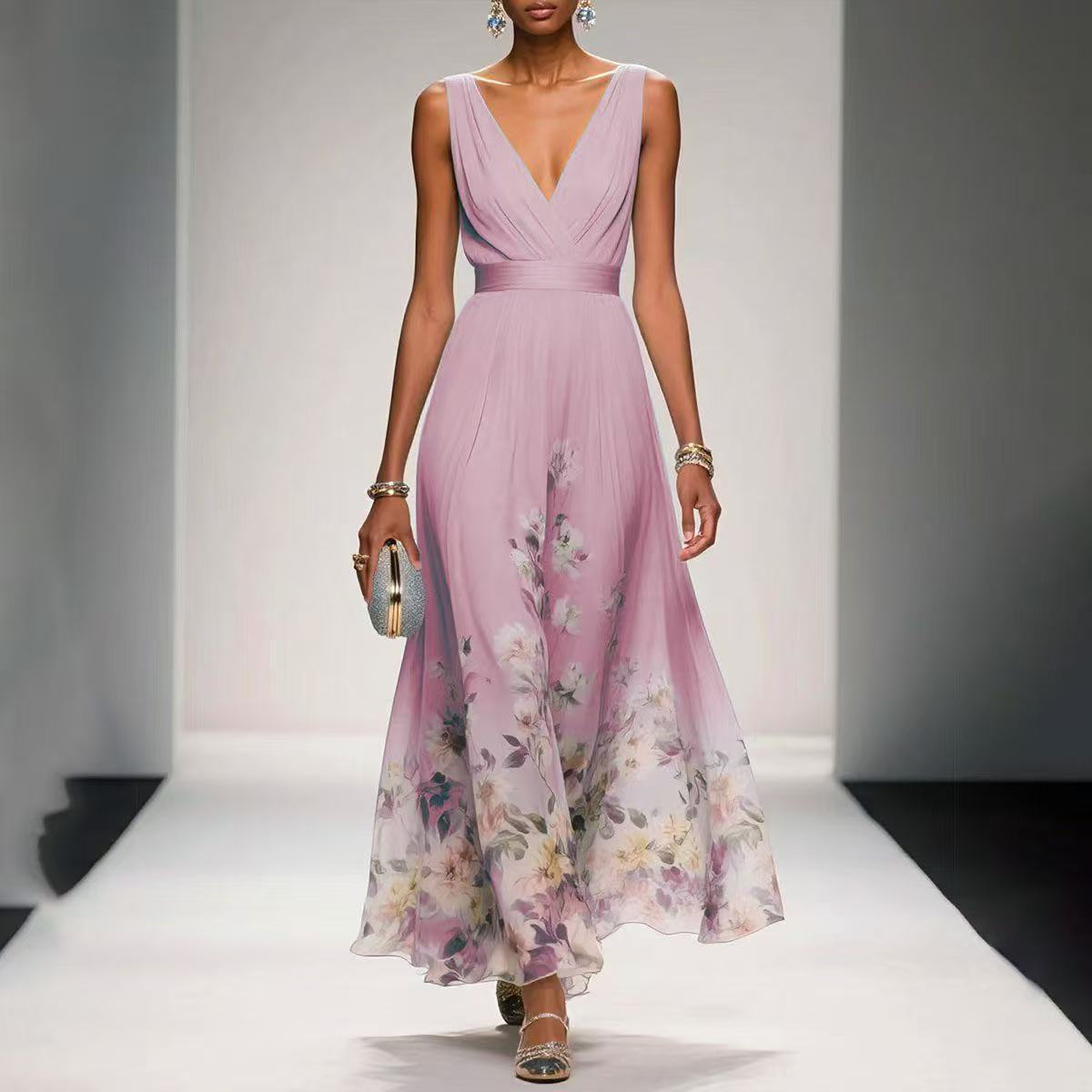 Anna-Berg | Elegant Floral Border Print Sleeveless Maxi Dress - V-Neck
