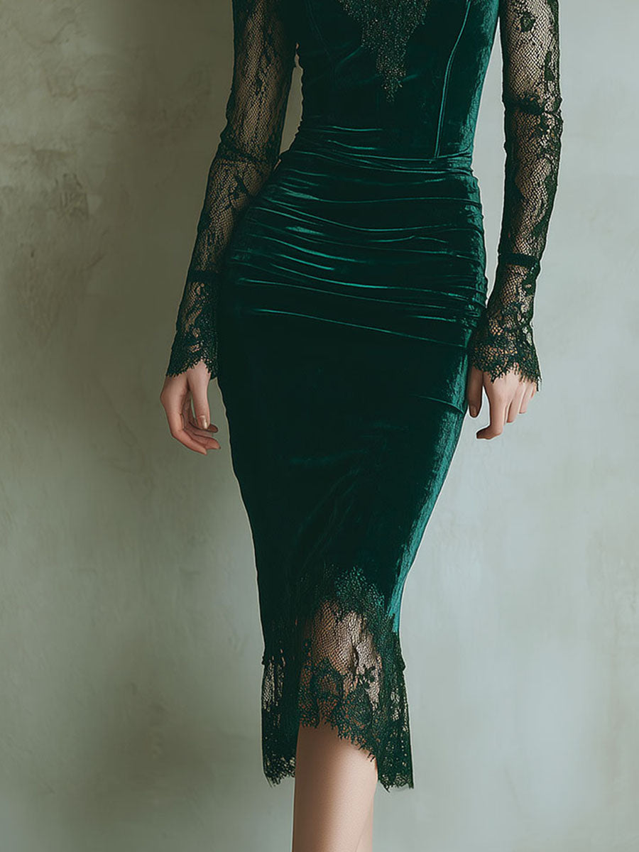 Anna-Berg | Elegant Green Velvet Long Sleeve Dress
