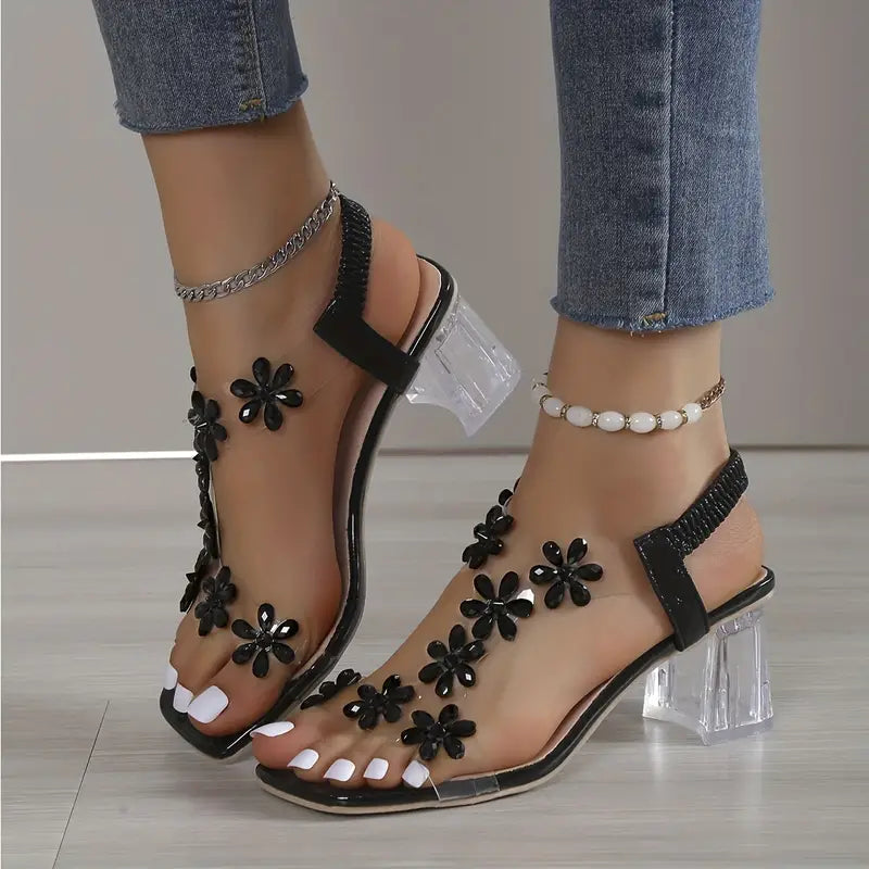 Anna-Berg | Luxe Rhinestone Block Heel Sandals with Graceful Drape